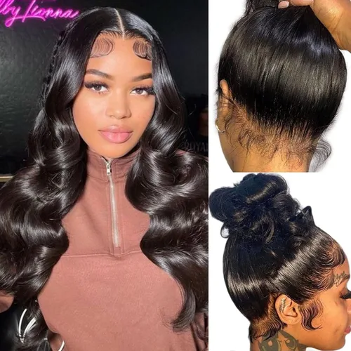 Miniatura 18 de Pelucas de encaje frontal de onda corporal 360 de cabello humano para mujeres, sin pegamento, previamente despuntadas con pelillos, 180 % de Peluca