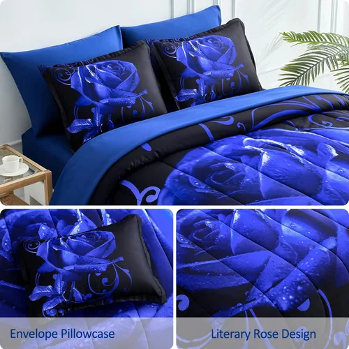 Miniatura 5 de WONGS BEDDING - Juego de edredón azul tamaño Queen de 7 piezas, juego de ropa de cama en una bolsa con patrón de rosas, juegos de ropa de cama