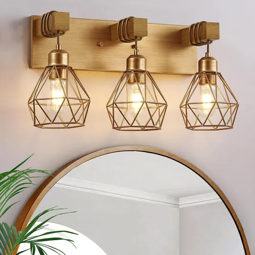 Miniatura 20 de Lámpara de tocador estilo casa de campo para baño, luminarias de tocador de baño de 2 luces negra dorada de madera sobre espejo, apliques rústicos