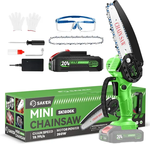 Miniatura 11 de Saker Mini motosierra inalámbrica de 6 pulgadas con interruptor de bloqueo de seguridad, motosierra eléctrica inalámbrica, motosierra pequeña