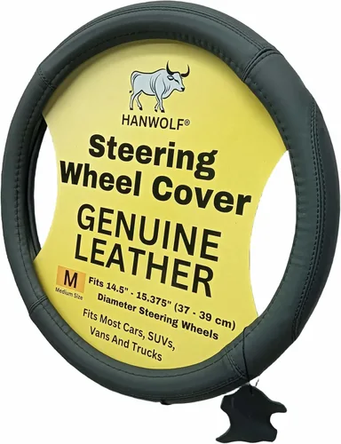 Miniatura 11 de Funda para volante, negra, de piel auténtica auténtica, pequeña, de 14 pulgadas, para hombres y mujeres, universal, elástica, resistente al calor
