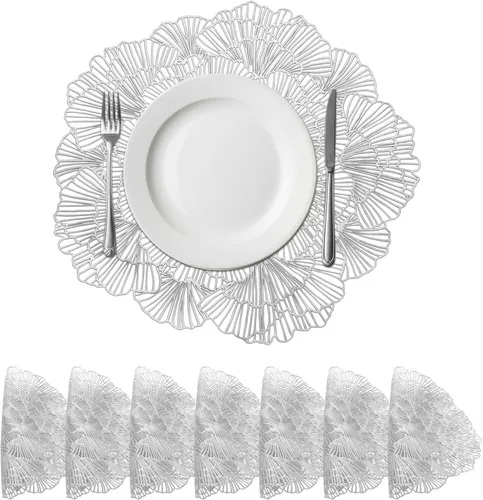 Miniatura 10 de uxcell Juego de 4 manteles individuales redondos de flores rojas para mesas de cena, manteles individuales metálicos de polivinilo prensado