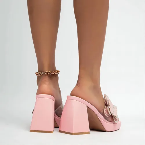 Miniatura 9 de NEWBELLA Sandalias de tacón alto de mariposa con diamantes de imitación, tacones gruesos con punta cuadrada abierta, pantuflas de verano sin