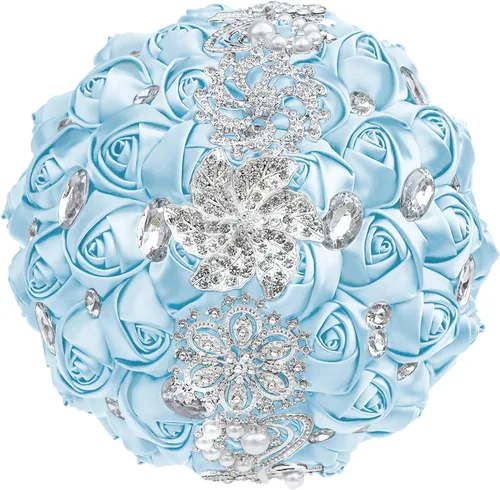 Miniatura 21 de XINNI Ramo de boda nupcial hecho a mano novia dama de honor satén rosa ramo de flores con diamantes de imitación perla encaje decoración de boda