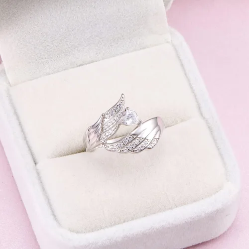 Miniatura 3 de Anillo de plata de ley 925 con alas de ángel y circonita cúbica gran pluma joyería para mujer