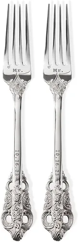 callie Juego de 2 tenedores de boda personalizados con fecha, regalos grabados para novios, novios, tenedores de cubiertos vintage de acero