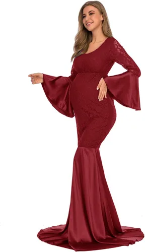 Miniatura 3 de ZIUMUDY Vestido ajustado de encaje de maternidad de manga larga maxi sirena fotografía vestido baby shower sesión de fotos