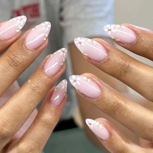 Miniatura 15 de Uñas postizas medianas a presión de almendra, con lazo 3D, perlas y diamantes de imitación, diseños de flores, uñas adhesivas, uñas acrílicas