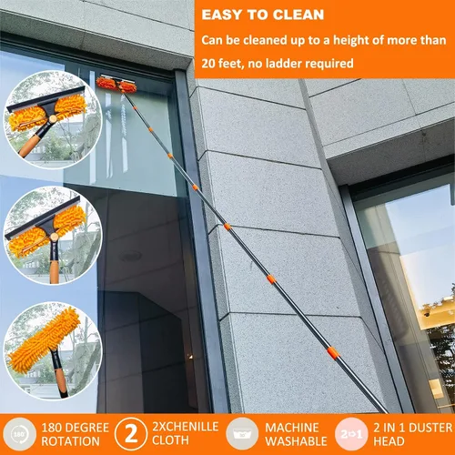 Miniatura 6 de Escobilla de lavado de ventanas 2 en 1 de alcance de más de 20 pies con poste de extensión empalmable de 3 a 14 pies/ Herramienta de limpieza