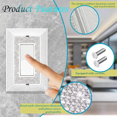 Miniatura 4 de Cubierta para interruptor de luz, con purpurina, bonitas cubiertas de placa de interruptor con diamantes de imitación plateados, textura blanca
