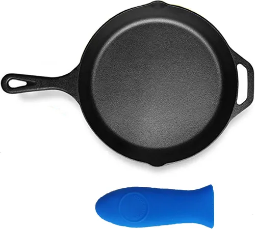 Sartén de hierro fundido pre-sazonado de 12 pulgadas con un soporte de silicona para mango caliente, 12.5 pulgadas