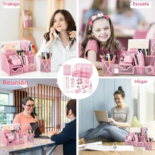 Miniatura 7 de Fayoo Juego de 11 piezas de suministros de oficina rosa, kit de accesorios organizador de escritorio de malla que incluye grapadora, dispensador