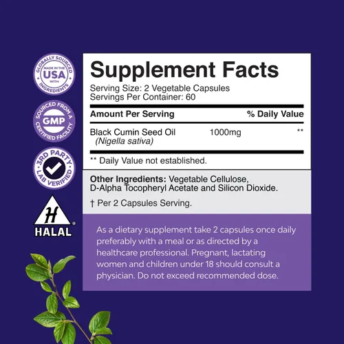 Miniatura 3 de Cápsulas de aceite de semilla negra prensada en frío, cápsulas de aceite de semilla de comino negro vegano Nigella Sativa con Omega 3 6 9