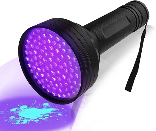 Linterna UV de luz negra, 100 LED (390 nm), detector portátil de orina de mascotas para orina de perro/gato, manchas secas, chinches, batería no