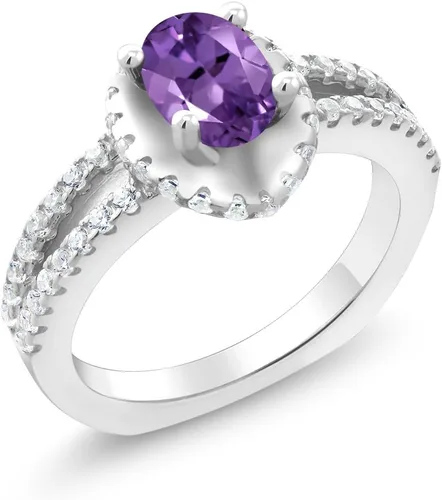 Miniatura 2 de Gem Stone King Anillo de plata de ley 925 con amatista púrpura para mujer (1.25 quilates, piedra natal ovalada disponible en tallas 5, 6, 7, 8, 9)