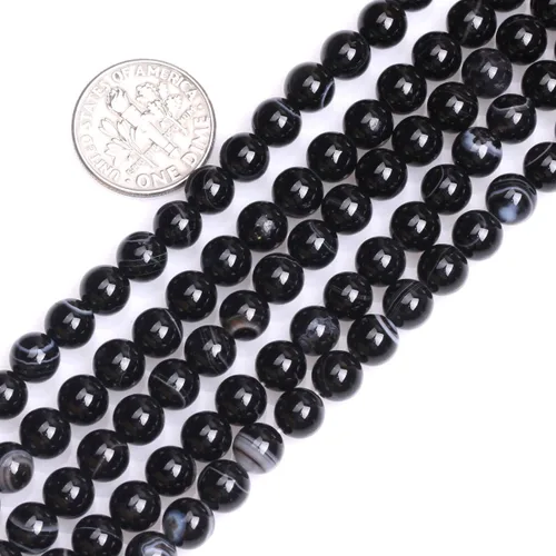 JOE FOREMAN Cuentas redondas de ágata negra con bandas de 0.236 in de piedra natural semipreciosa, cuentas sueltas para fabricación de joyas, hilo