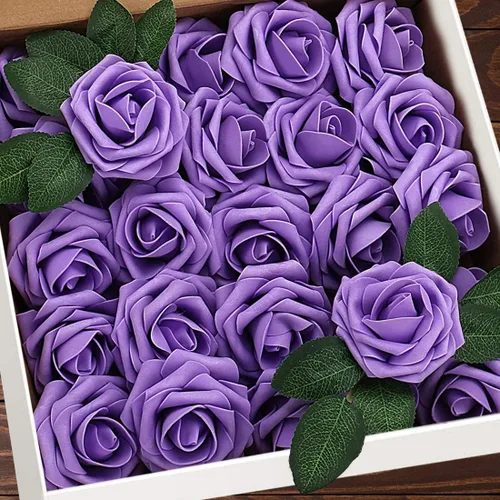 Miniatura 39 de Higfra Flores artificiales, 25 rosas falsas de espuma de aspecto real con tallos para ramos de boda, centros de mesa de despedida de soltera, Brillo