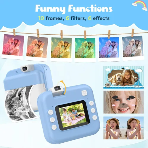 Miniatura 3 de Cámara para niños con impresión instantánea: cámara digital con lente abatible, regalo de cumpleaños para niños y niñas, fotos de impresión Azul