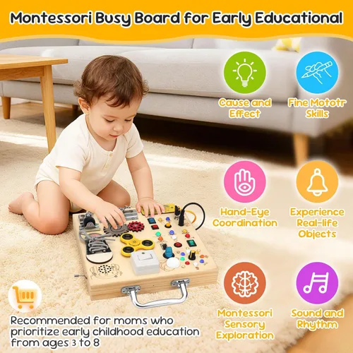 Miniatura 3 de Tabla Ocupada de Madera con Luz LED – Juguetes de Aprendizaje Montessori para Bebés de 1 a 4 años, Tabla de Actividades Sensoriales, Juguetes