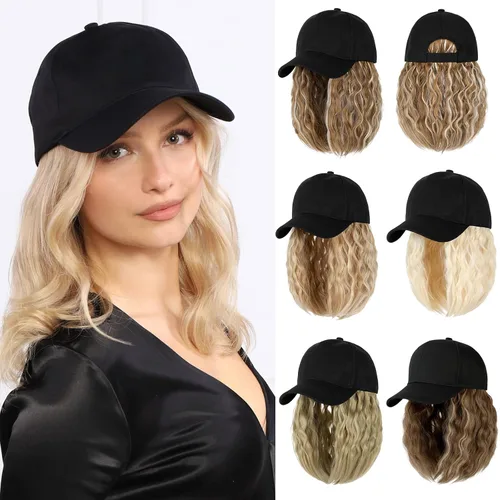 Miniatura 17 de Gorra de béisbol con extensiones de cabello, peluca ajustable, gorra rizada de 14 pulgadas, peluca sintética para mujer, marrón claro mezcla