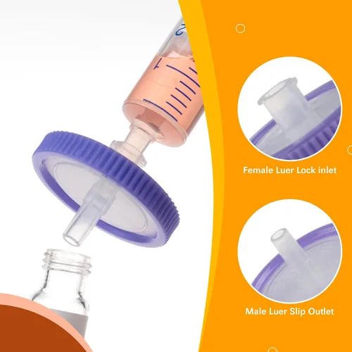 Miniatura 2 de Filtro de jeringa estéril PVDF Filtración hidrofílica de 0,22 um Tamaño de poro, 0.984 in de diámetro de membrana, paquete de 20, envasado estéril