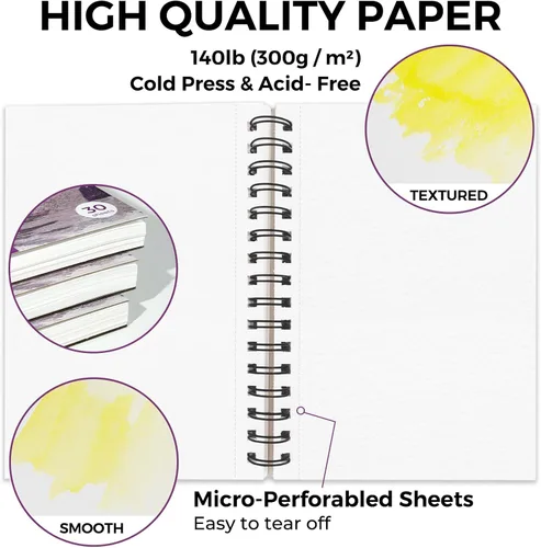 Miniatura 3 de Funto Bloc de Papel para Acuarela 5.5x8.5, Paquete de 3, 90 Hojas, 140 lb/300 g/m², Doble Cara, Prensado en Frío, Encuadernado en Espiral, Papel