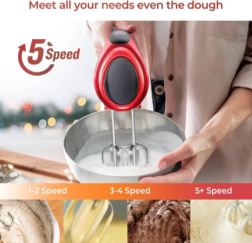 Miniatura 3 de Hand Mixer 350 Watt, 5 Speeds, Stainless Steel Whisk & Dough Hook (Dishwasher Safe), Ergonomic Handle, Long Cable, BPA Free - White KS1