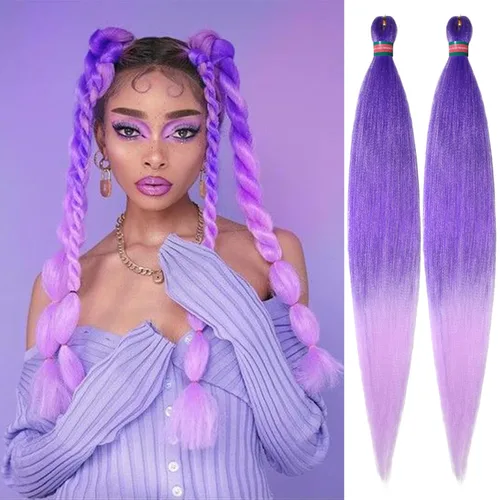 Miniatura 45 de Extensiones de cabello para trenzar verde+verde claro, preestiradas, 2 paquetes, con cabello plumoso pre-trenzado, extensiones de cabello