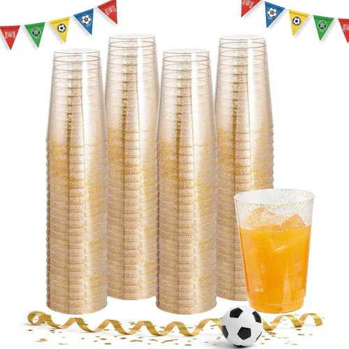 Miniatura 8 de I00000 Paquete de 100 unidades de vasos de plástico dorado de 12 onzas, vasos desechables con borde dorado, vasos de vino desechables y copas