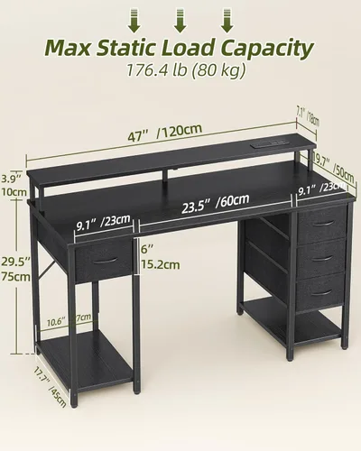 Miniatura 3 de TIQLAB Computer Desk with 4 Drawers & LED Lights, 47 Inch Gaming Desk with Monitor Stand & Power Outlets, Home Office Desk with Large Storage Space