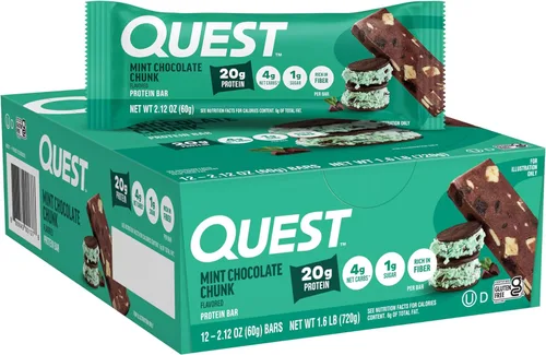 Quest Nutrition Barra de proteína de trozos de chocolate menta, alto en proteínas, bajo en carbohidratos, sin gluten, apto para ceto, 12 unidades