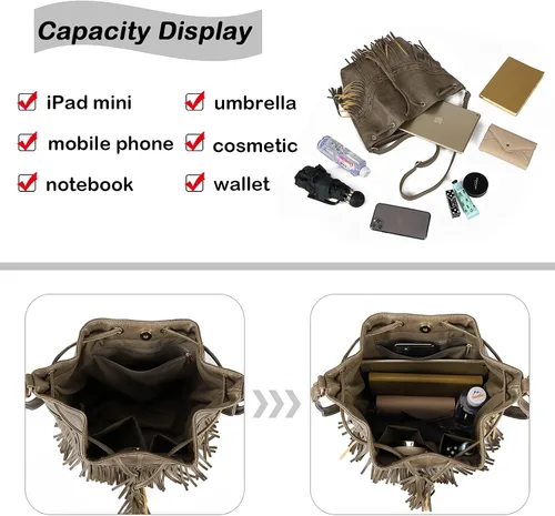 Miniatura 4 de Bolsos de cuero para mujer, bolsos cruzados con flecos con cordón para mujer, borla y bolsos de hombro