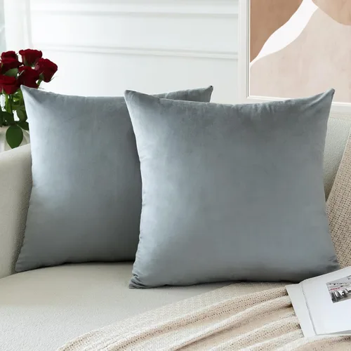 Miniatura 4 de OTOSTAR Juego de 2 fundas de almohada decorativas de terciopelo suave de 24 x 24 pulgadas, fundas de cojín cuadradas sólidas para decoración del Gris