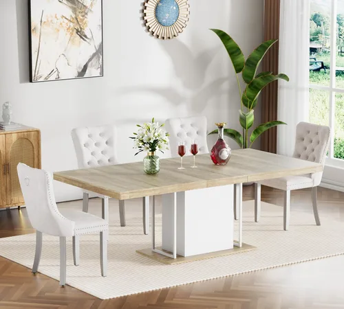 Miniatura 90 de Juego de mesa de comedor extensible de 5 piezas, juego de mesa de comedor extensible de estilo granja para 4, mesa de cocina expandible de madera