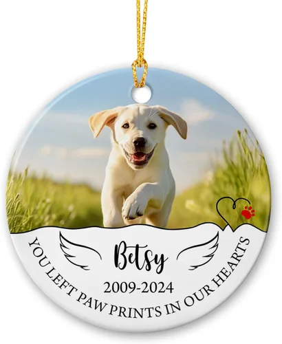 Miniatura 20 de Marco de fotos conmemorativo personalizado para mascotas, adorno de Navidad 2025, Un pedazo de mi corazón vive en el cielo, adorno de cerámica