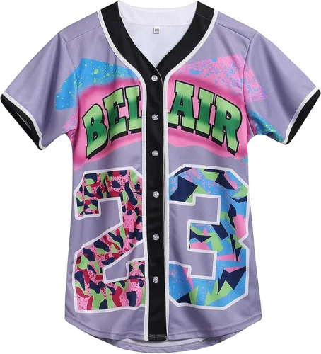 Miniatura 37 de Ropa de los años 90 para mujer, traje unisex de hip hop para fiesta, camiseta de béisbol Bel Air, camisa de manga corta con botones