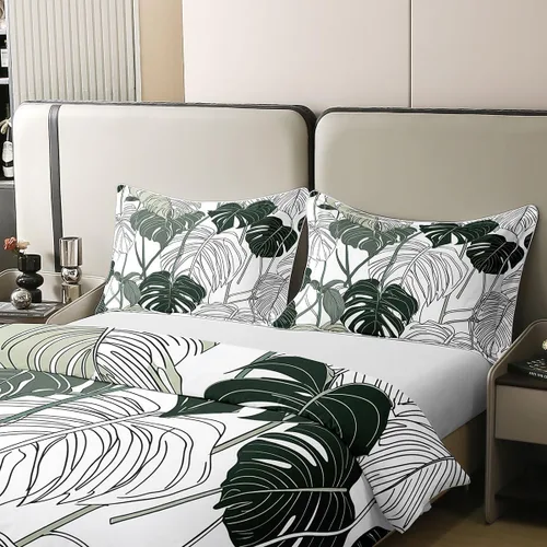 Miniatura 4 de Juego de ropa de cama 100% de algodón natural con hojas de palmera, funda de edredón Monstera con hojas tropicales, rama de hojas tropicales, funda
