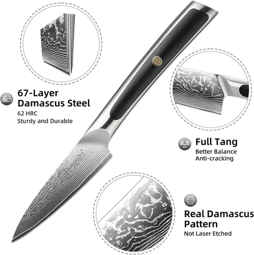 Miniatura 2 de Sunnecko Cuchillo de pelar de 3.5 pulgadas, cuchillo para frutas con hoja de acero damasquino VG-10 de 67 capas, cuchillo pequeño para pelar