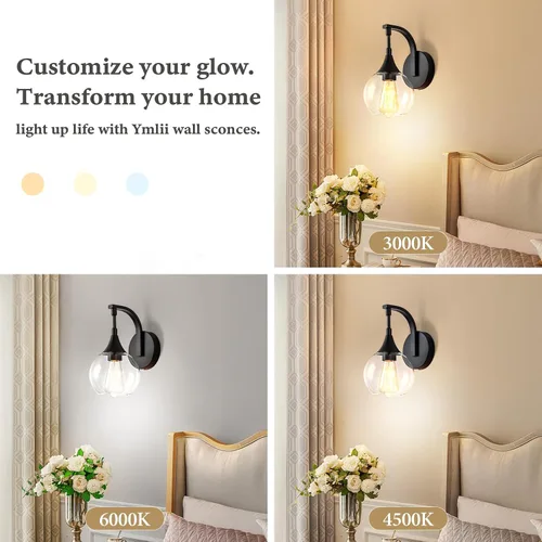 Miniatura 6 de Aplique de Pared Negro, Accesorios de Luz de Tocador Modernos con Pantalla de Vidrio Transparente de 4.9 Pulgadas, Luces de Pared de Estilo Rústico
