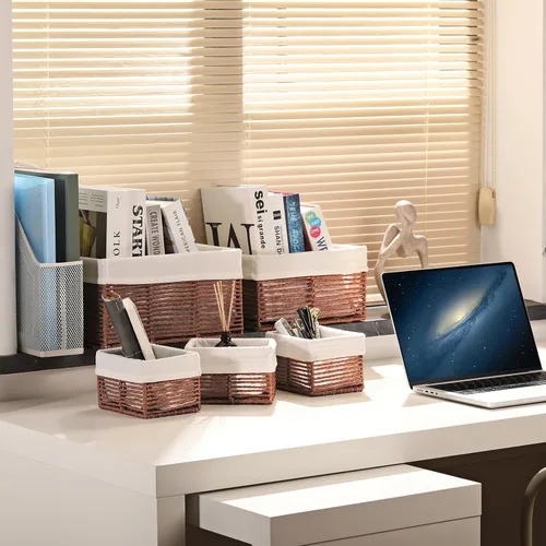 Miniatura 6 de Vagusicc Cesta de almacenamiento de mimbre, cesta de cuerda de papel tejida a mano, cesta rectangular pequeña para organizar, contenedor de Beige