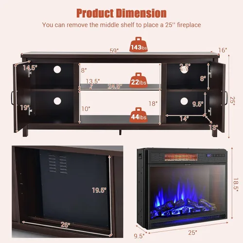 Miniatura 7 de Tangkula Soporte de TV con chimenea para televisores de hasta 65 pulgadas, mesa consola multimedia con puertas de granero, calentador eléctrico