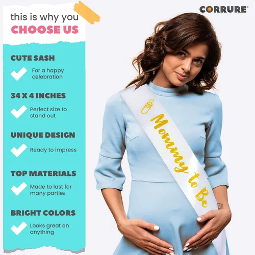 Miniatura 3 de CORRURE Banda para baby shower para niño o niña, banda con la frase "Mommy to Be" con hermosa cinta blanca y texto dorado con purpurina, ideal