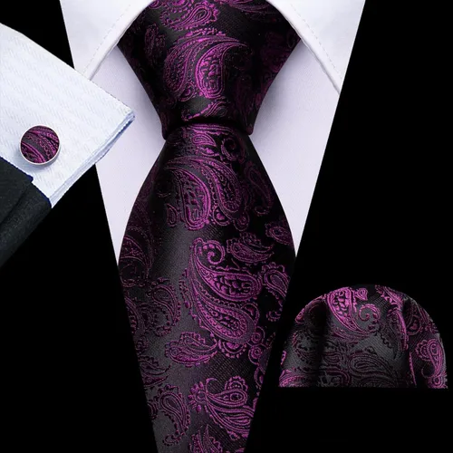Miniatura 109 de Barry.Wang - Juego de corbata de seda para hombre, diseño de cachemira, pañuelo y gemelos de bolsillo