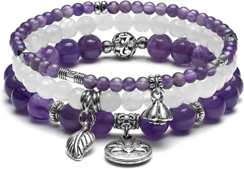 Jovivi - 3 pulseras de cuentas de cristal de cuarzo rosa amatista para chakras, energía natural de curación, cuentas de loto, piedra reiki,