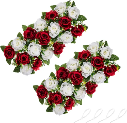 Miniatura 11 de NUPTIO Centros de mesa de flores artificiales para mesas, 6 unidades, color borgoña, rosa polvorienta y blanco cremoso, arreglos de rosas falsas