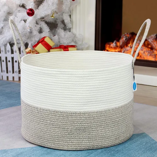 Miniatura 5 de Casaphoria Cesta de cuerda de algodón XXXL para sala de estar, cesta de almacenamiento tejida con asa larga para mantas, toallas y almohadas, cesta