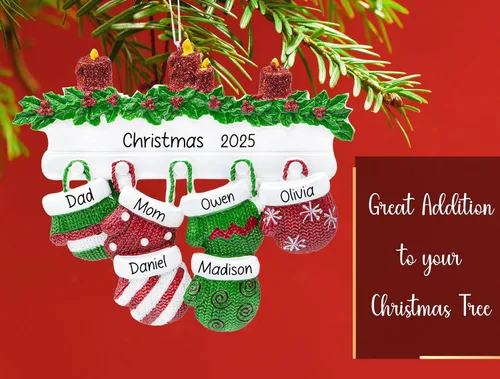 Miniatura 5 de Adorno de Navidad personalizado para familia de 6 miembros 2026 Manoplas con velas con purpurina en la decoración del árbol de Navidad del manto