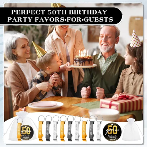 Miniatura 6 de Dandat 54 juegos de recuerdos de fiesta de cumpleaños número 50 para invitados, llavero abridor de cerveza de cumpleaños Cheers to 50, llavero