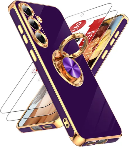 Miniatura 37 de LeYi Funda para Samsung Galaxy S22 Ultra con soporte de anillo giratorio de 360°, soporte magnético, chapado en oro rosa, borde protector para Negro