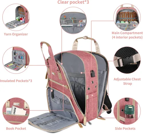 Miniatura 3 de SINVICKO Bolsa de ganchillo, mochila de tejido y organizador de bolsas con puerto de carga USB, bolsa grande de almacenamiento de hilo Rosa